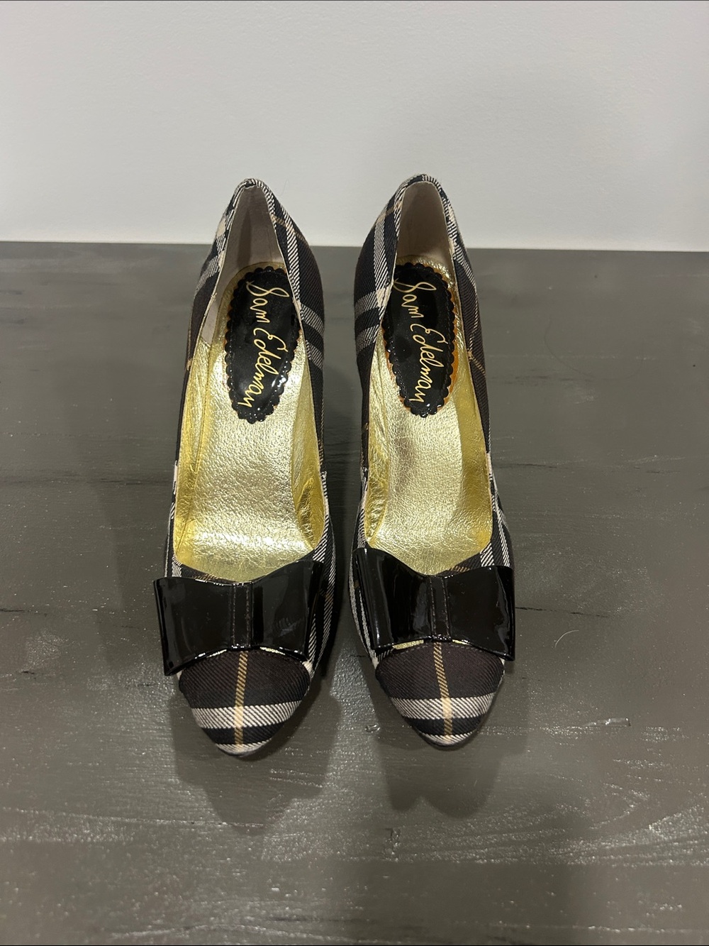 Sam Edelman Black Plaid Peep-Toe Pumps with Patent Bow